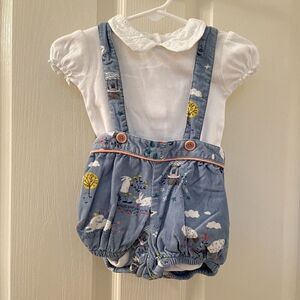 Baby Boden Blue Farm Print Corduroy Suspender Bloomer Shorts Set Size 3-6 Months